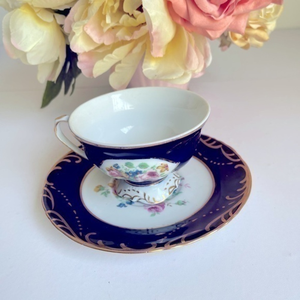 Vintage GNA porcelain tea cup and saucer deep blue floral code cup plate mug